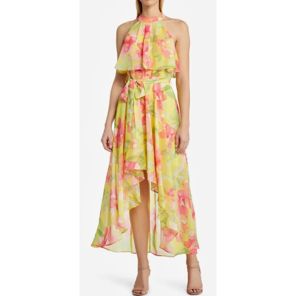 Eliza J Floral Halter Popover High-Low Dress, Yellow, size 6